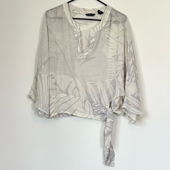New York & Company Tops - New York & Company White and Gray Palm Tropical Patterned Blouse - Size: Large